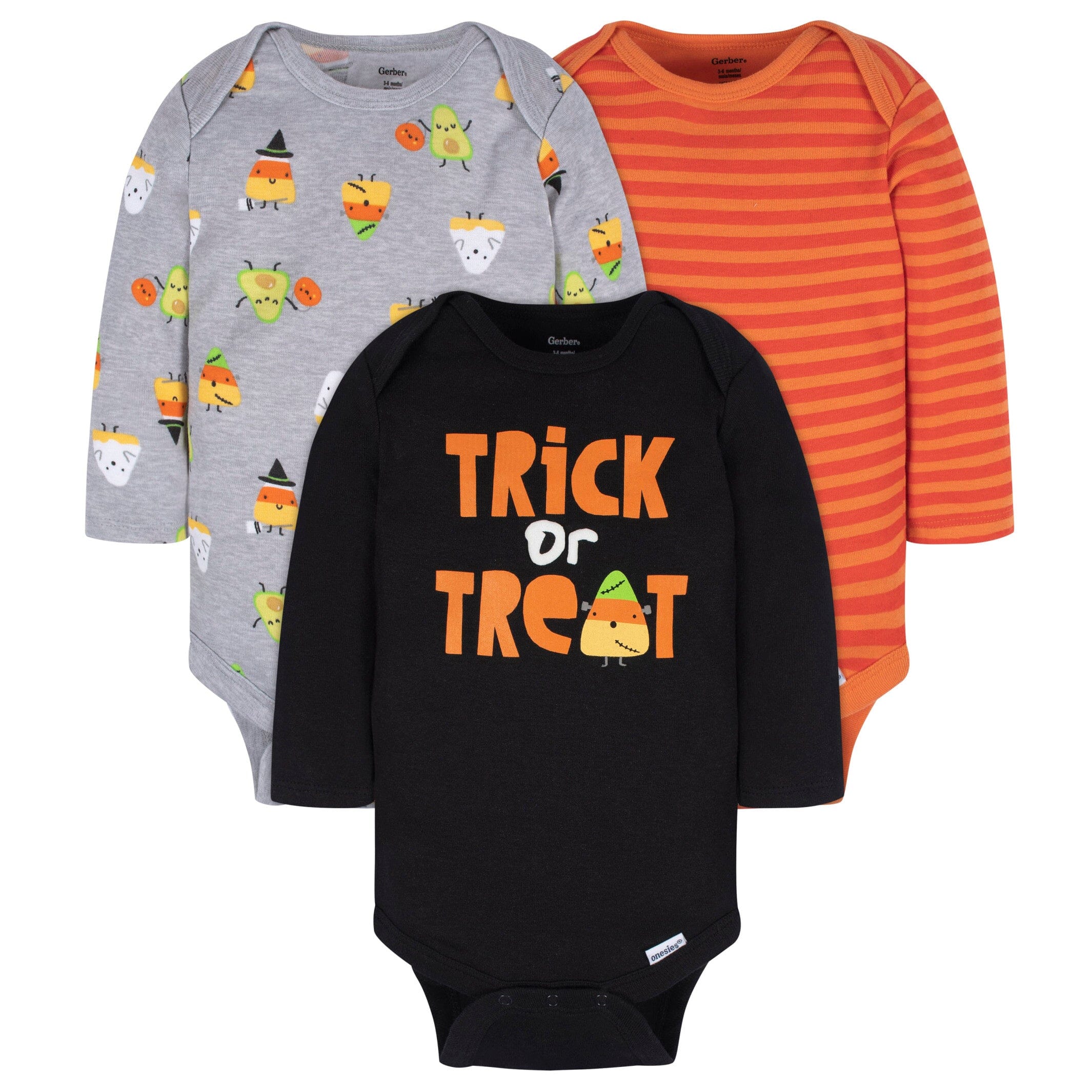 3-Pack Baby Neutral Trick Or Treat Long Sleeve Onesies Bodysuits