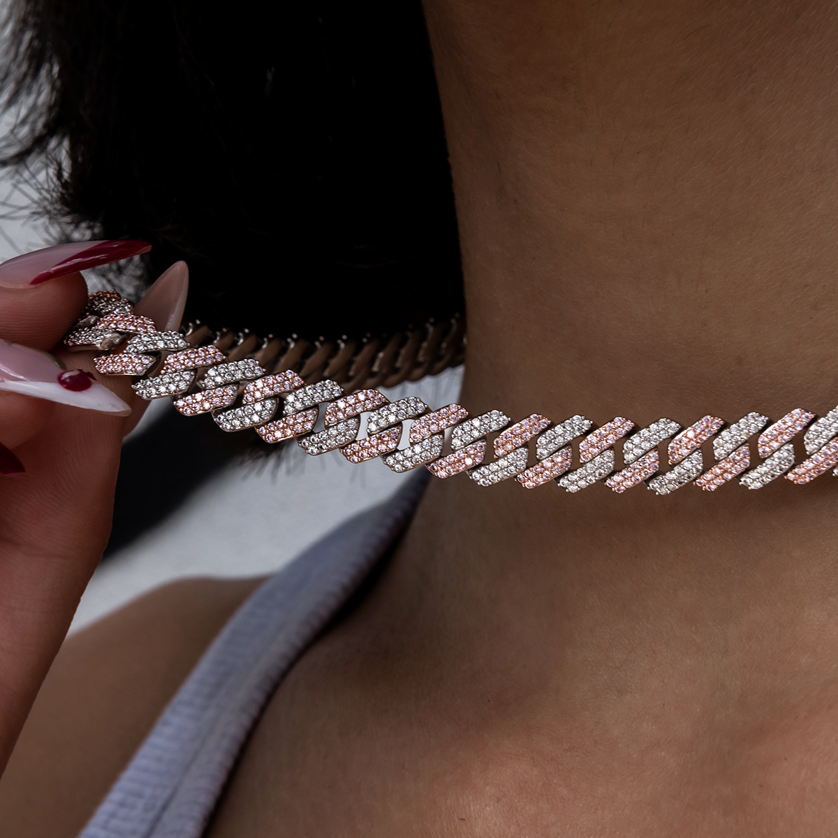 Diamond Prong Cuban Necklace in Rose/White Gold- 8.5mm