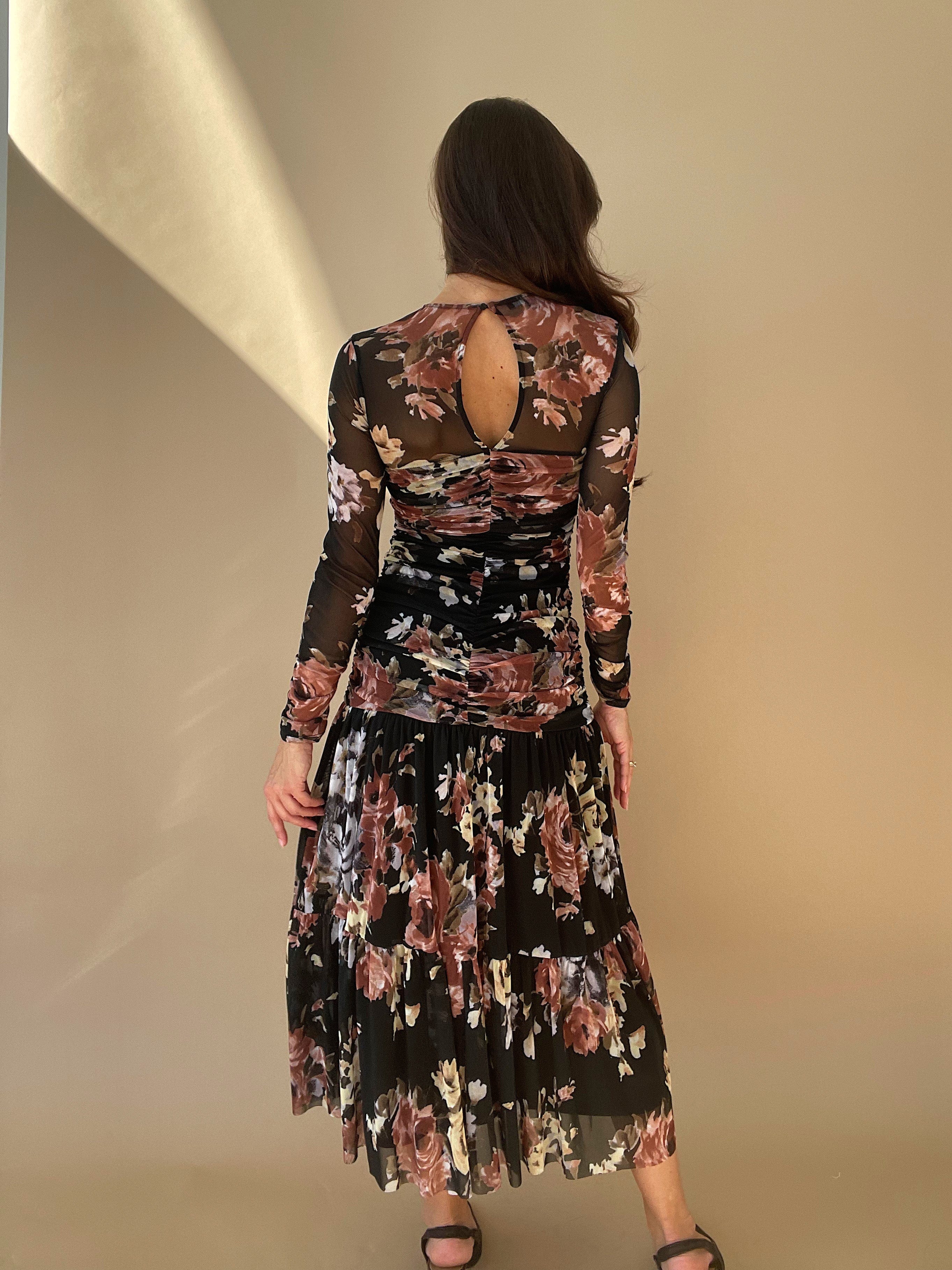 Mesh Floral Gathered Maxi Dress