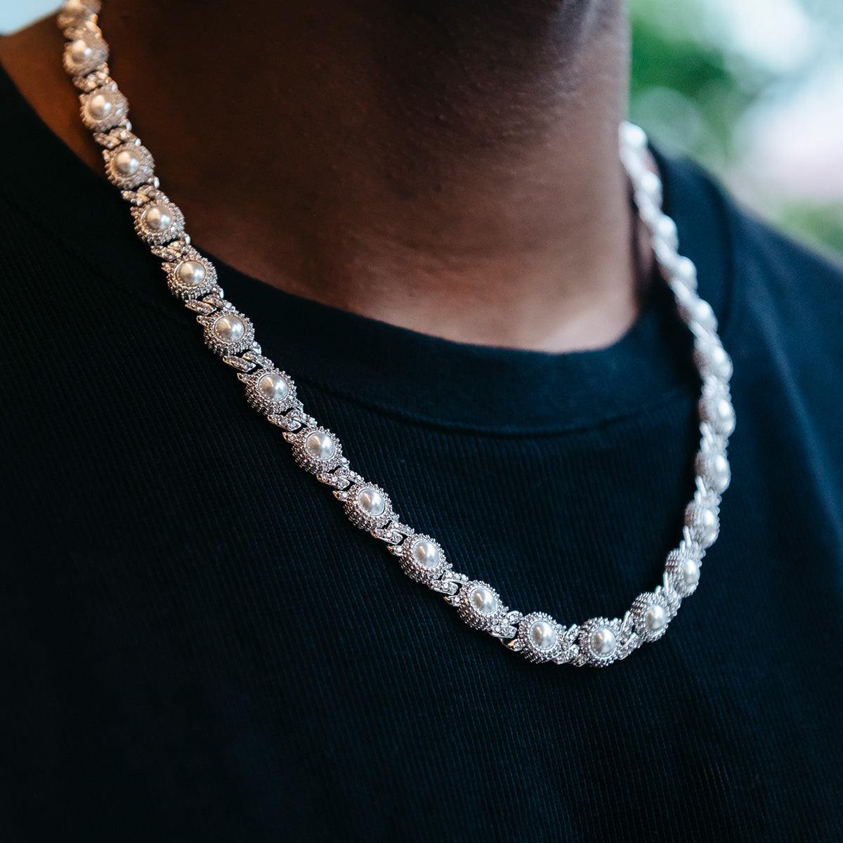 10mm Iced Halo Cuban Chain with Pearls in White Gold