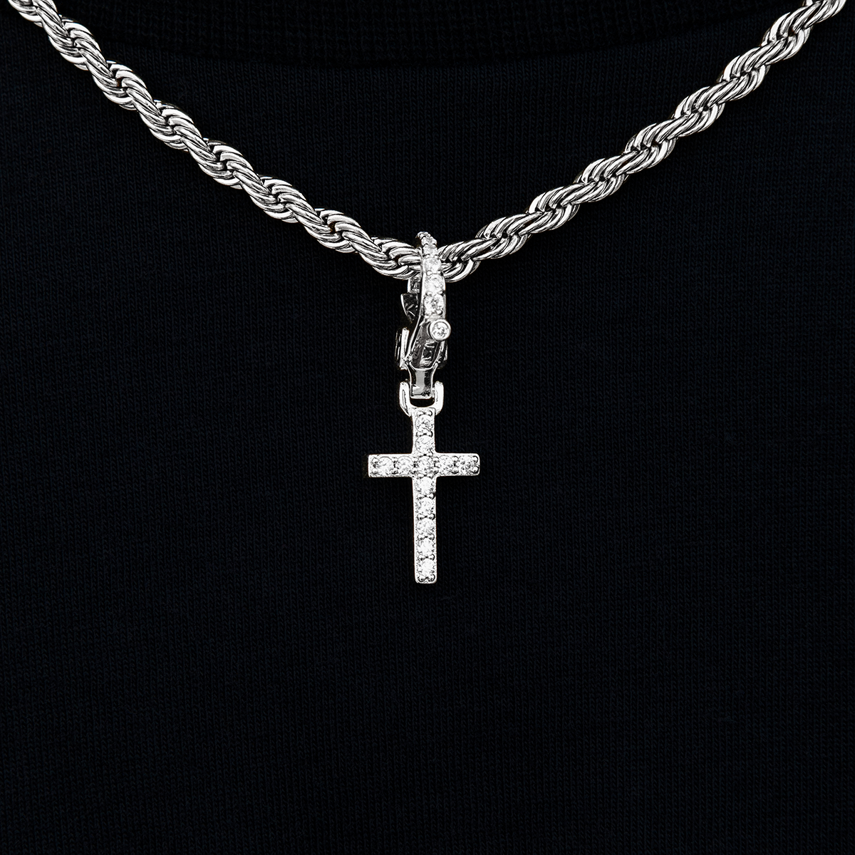 Iced Micro Cross Clip On Pendant in White Gold