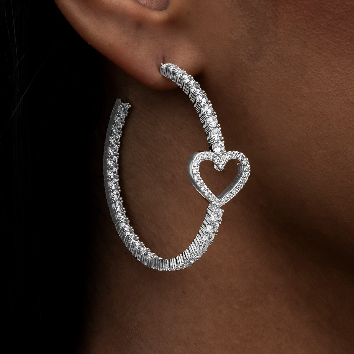 Heart Tennis Hoop Earrings in White Gold