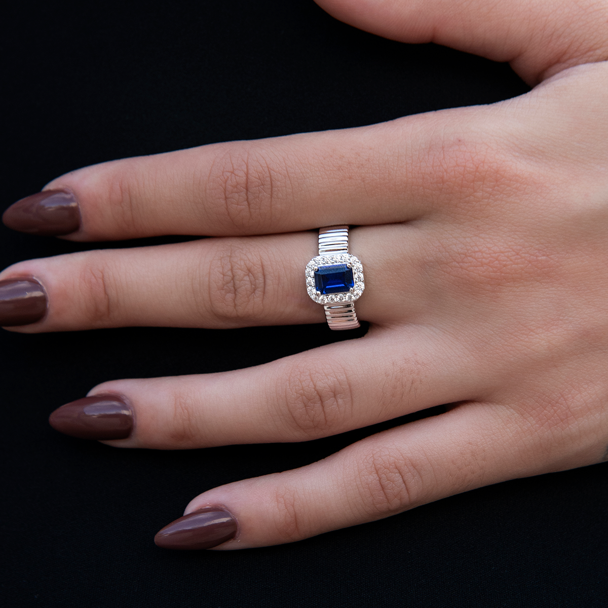 Diamond Emerald Cut Sapphire Textured Ring in White Gold Vermeil