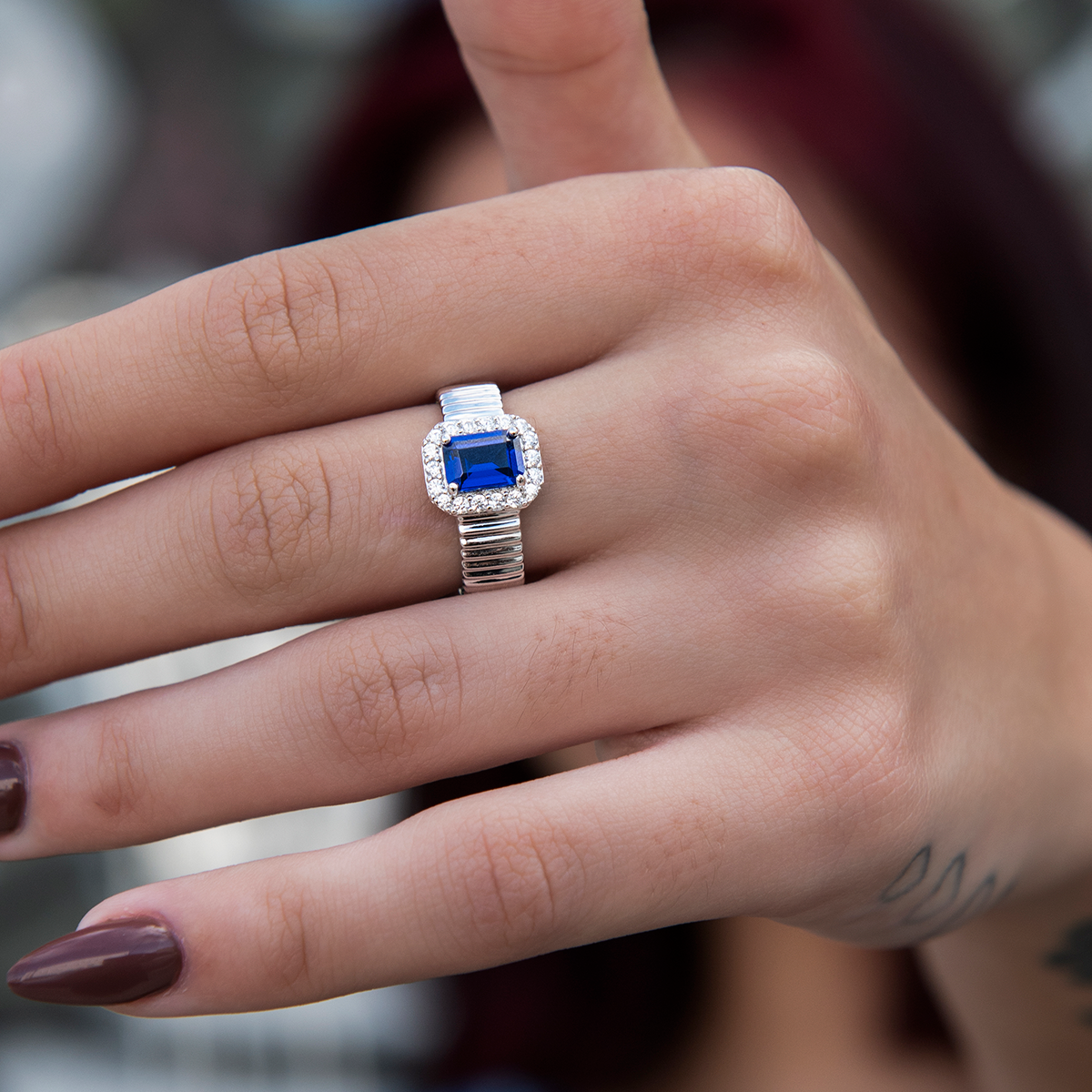 Diamond Emerald Cut Sapphire Textured Ring in White Gold Vermeil