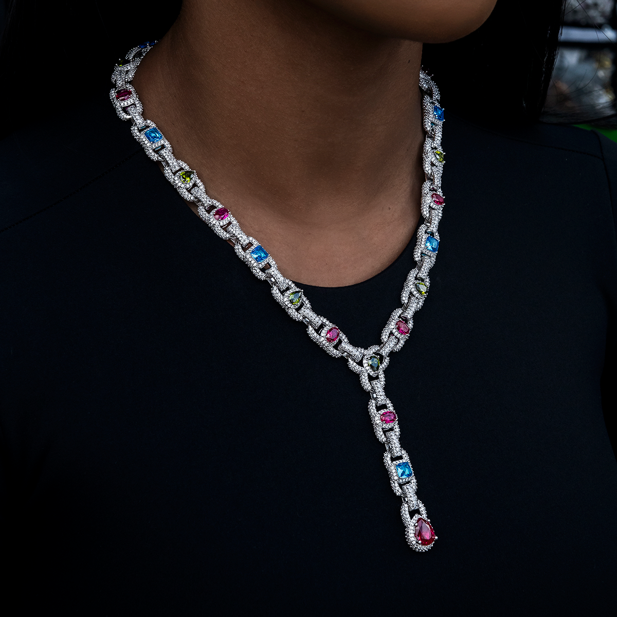 Diamond Cluster Mariner Teardrop Multicolor Lariat Necklace in White Gold