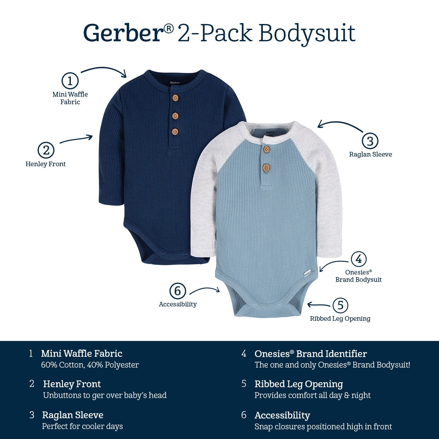 2-Pack Baby Boys Navy & Light Blue Long Sleeve Henley Onesies Bodysuits