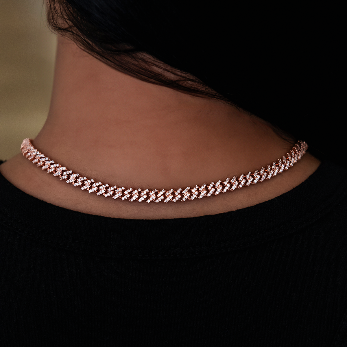 Iced Handcuff Diamond Prong Cuban Necklace in Rose Gold