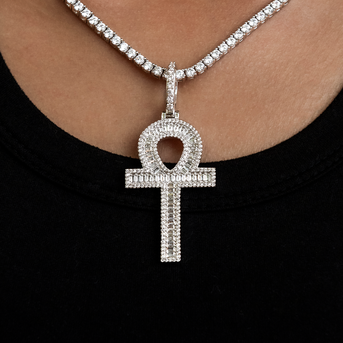 Diamond Baguette Ankh Cross Pendant in White Gold