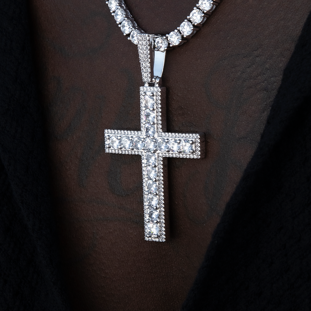 Large Diamond Pave Cross Pendant in White Gold