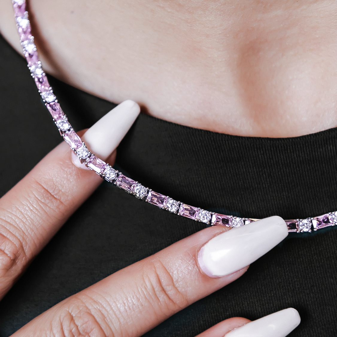 Pink Diamond Baguette Tennis Necklace