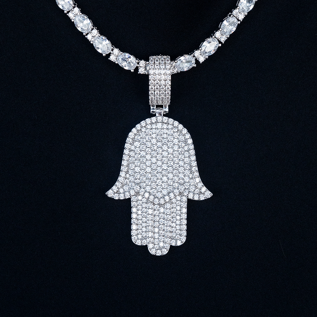 Large Iced Baguette Hamsah Pendant in White Gold