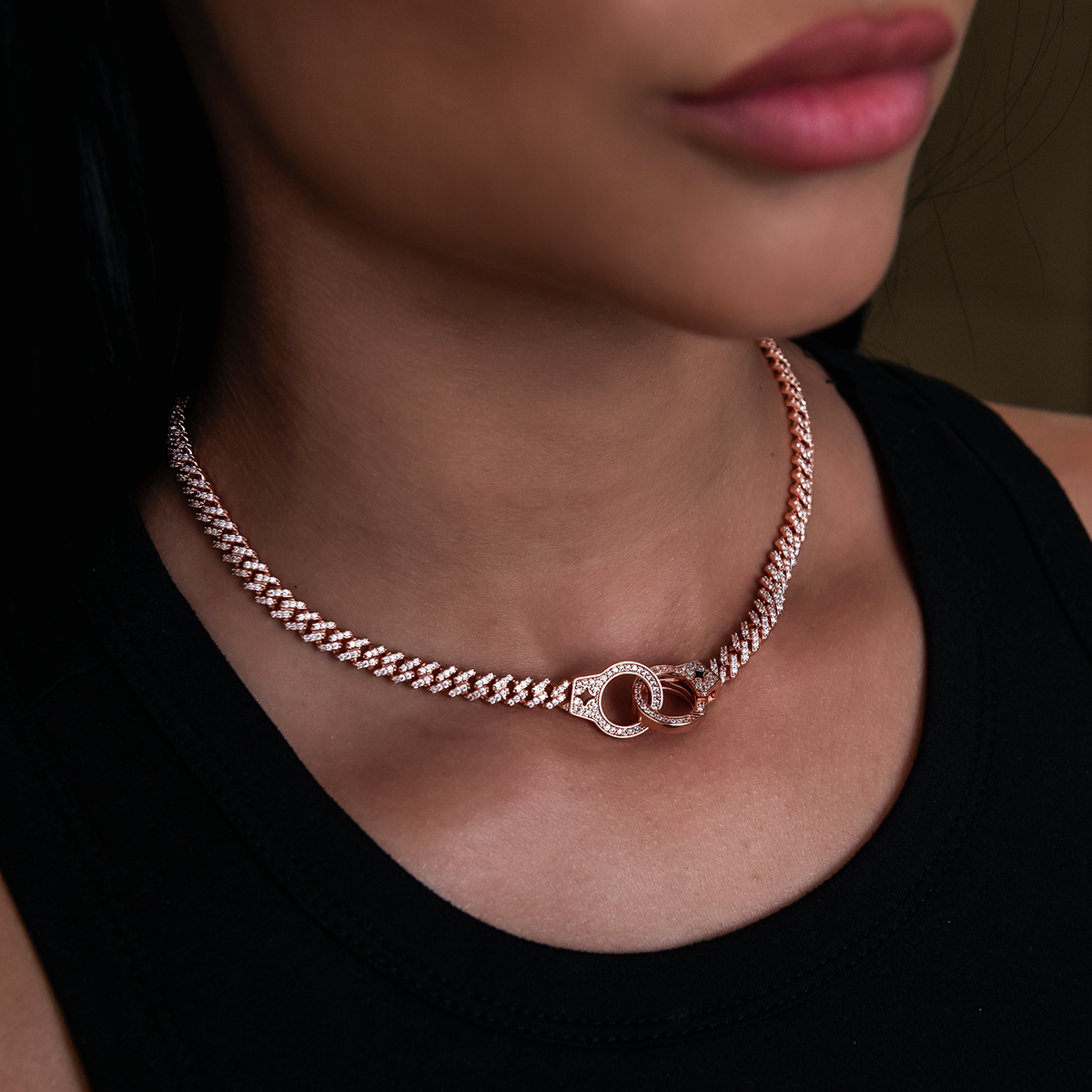 Iced Handcuff Diamond Prong Cuban Necklace in Rose Gold