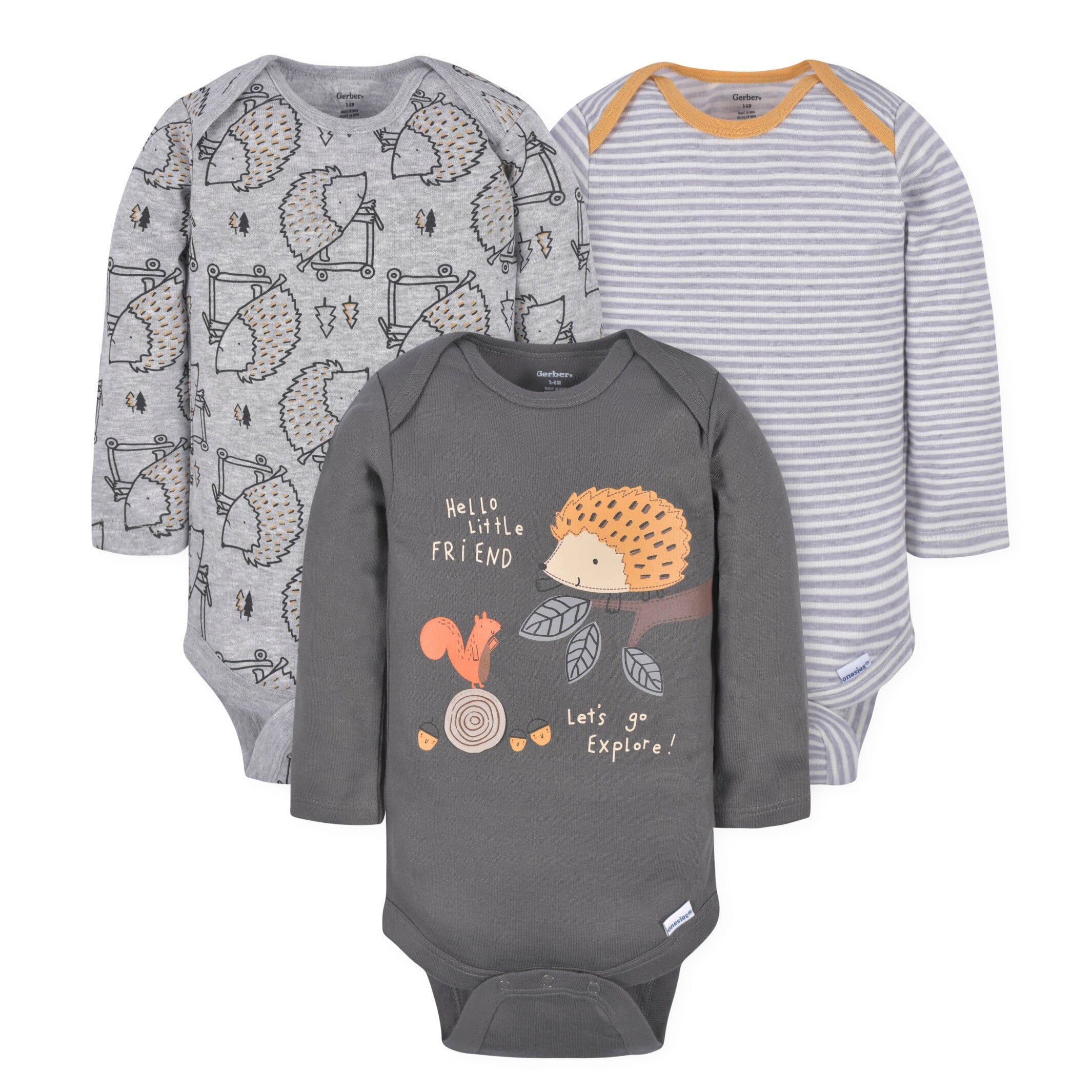 3-Pack Baby Boys Hedgehog Long Sleeve Onesies Bodysuits