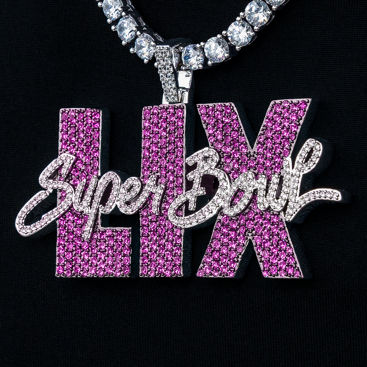 Super Bowl LIX Official NFL Pink Wordmark Pendant in White Gold