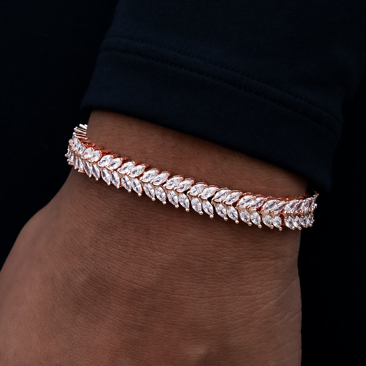 Iced Herringbone Bracelet in Rose Gold- 7mm