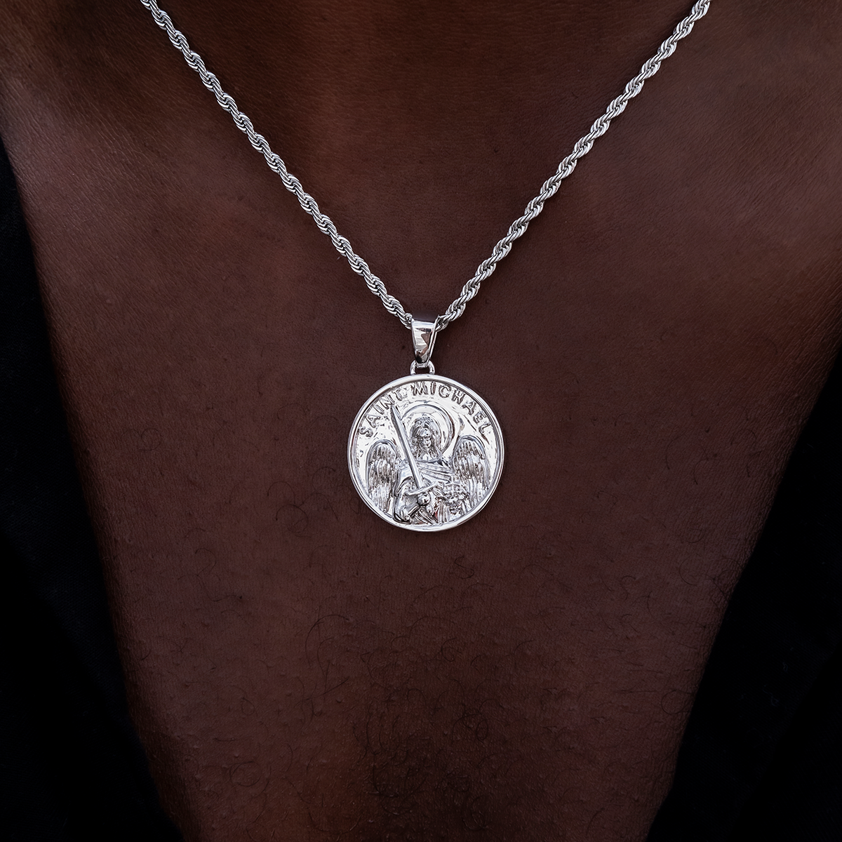 Saint Michael Coin Pendant in White Gold