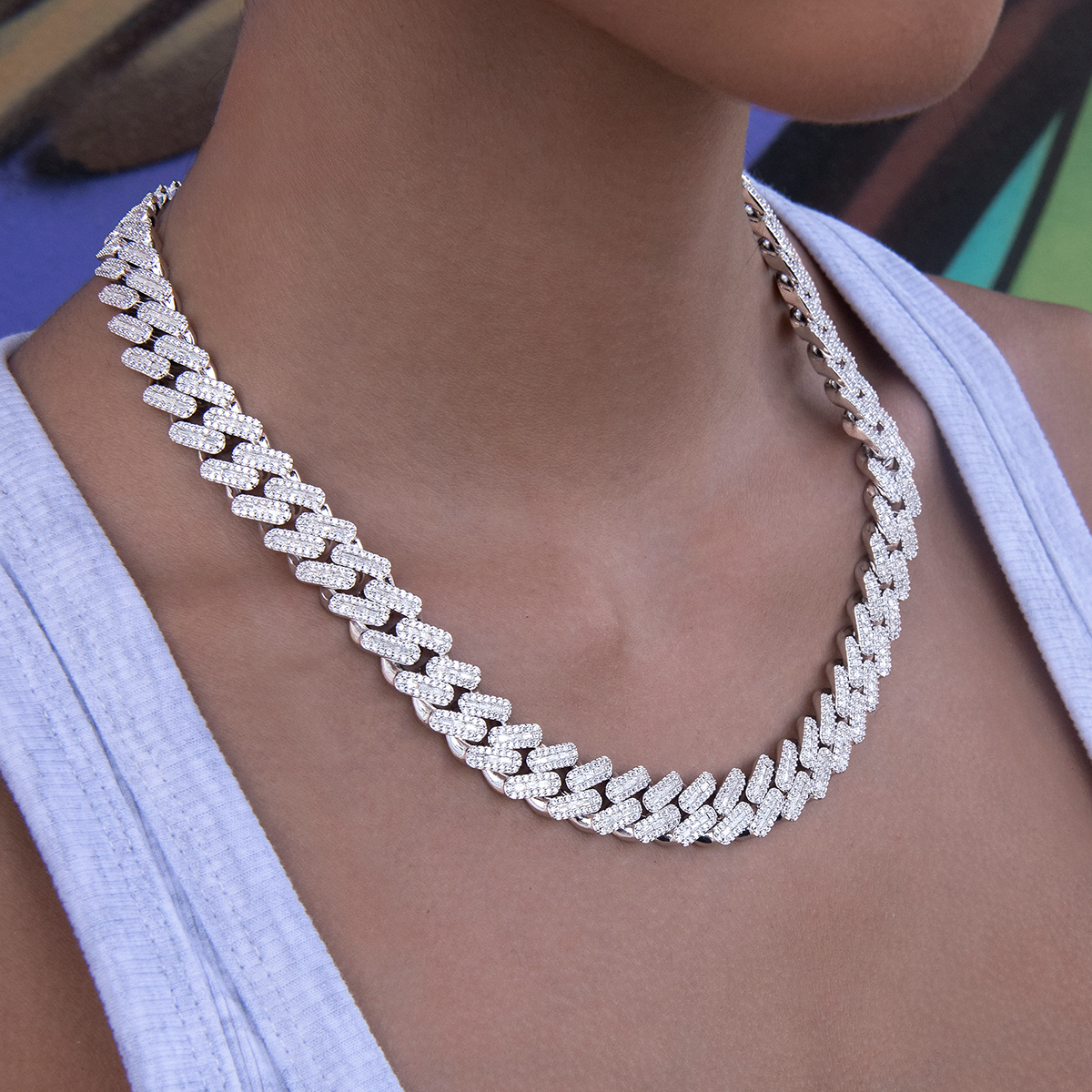 Diamond Baguette Cuban Necklace in White Gold- 12mm