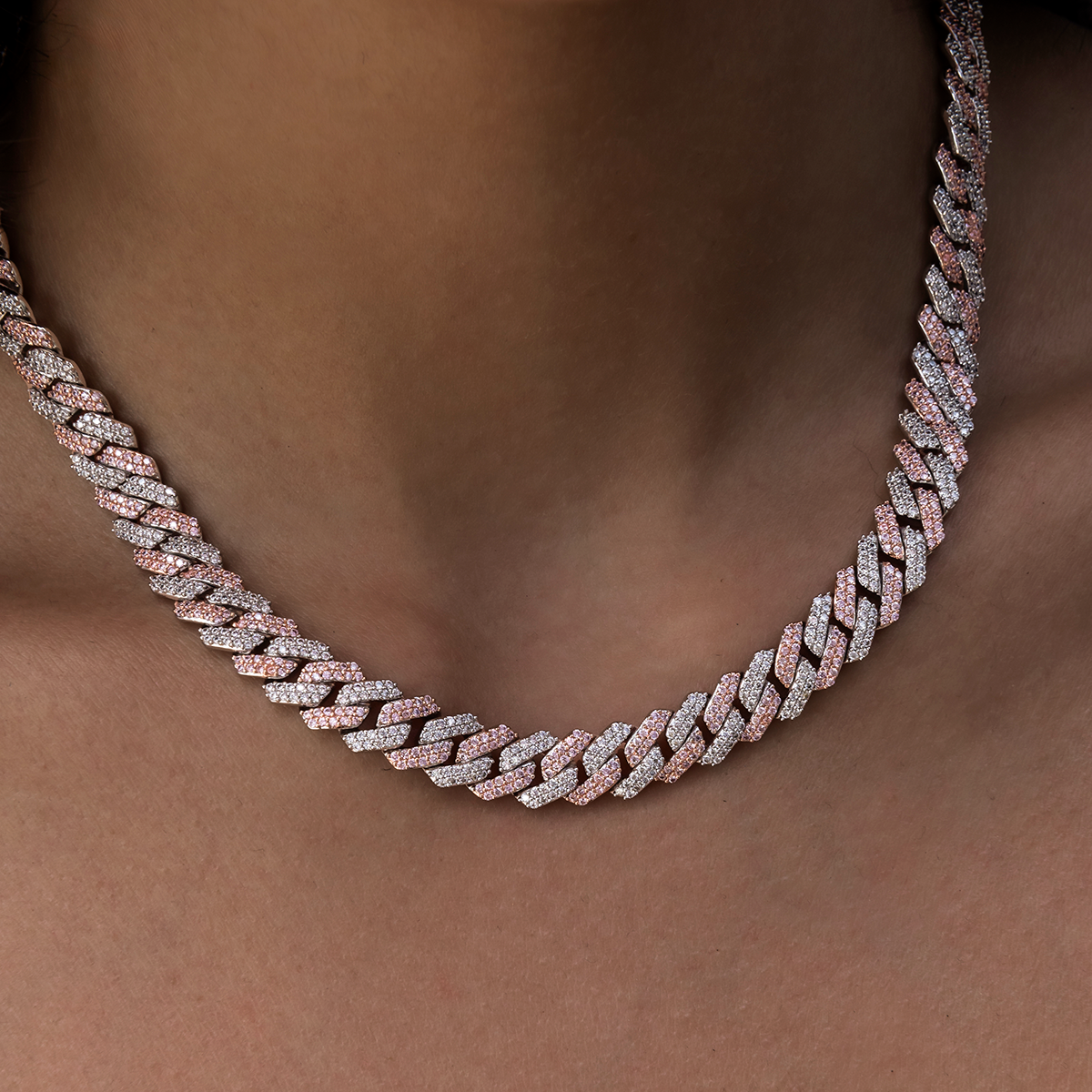 Diamond Prong Cuban Necklace in Rose/White Gold- 8.5mm