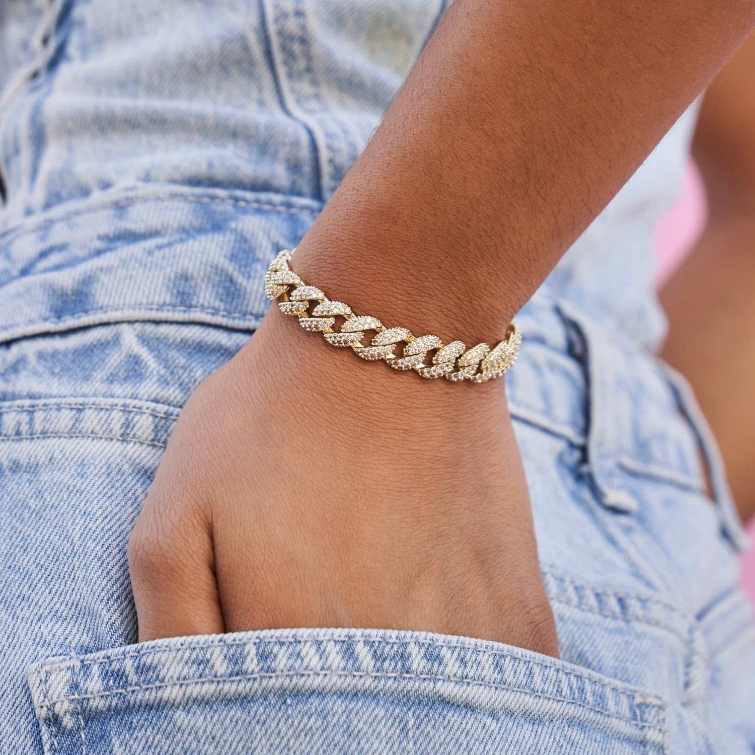 Micro Clustered Tennis Necklace + 8.5mm Iced Cuban Bracelet + Diamond Cross Hoop Earring Bundle in Yellow Gold