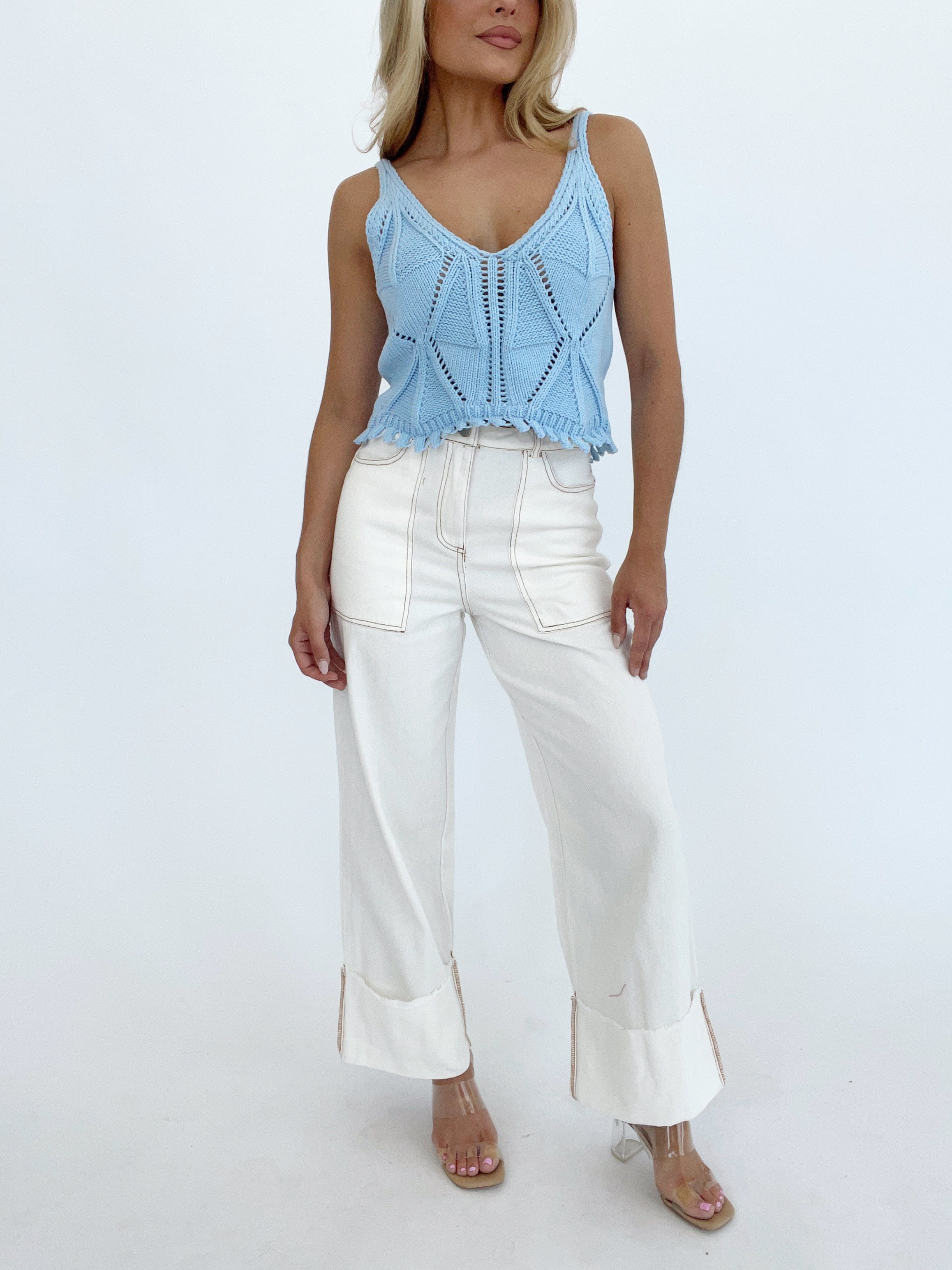 White Folded Wide Leg Pants