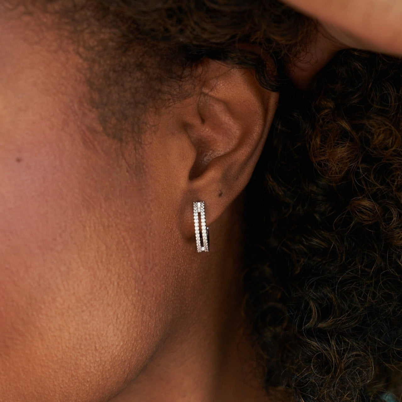 Split Iced Huggie Hoop Earrings in White Gold