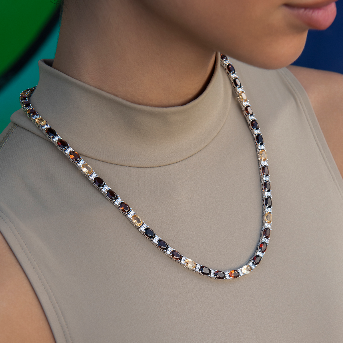 Multicolor Mixed Oval Cut Tennis Tonal Brown Stones Necklace- 5mm