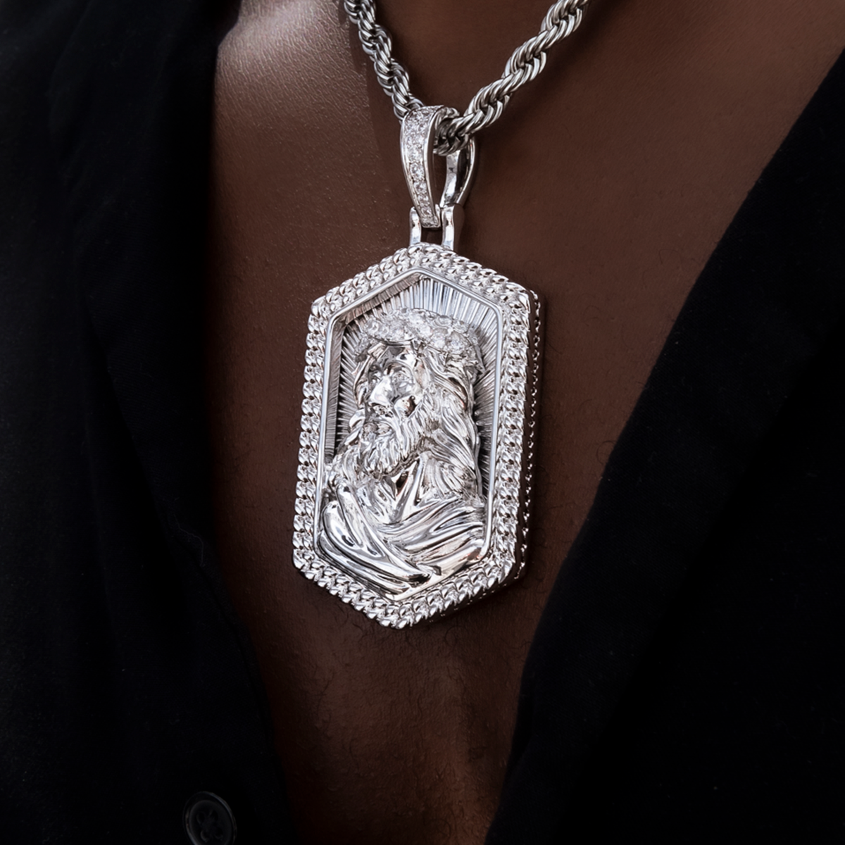 Large Icon Jesus Pendant in White Gold