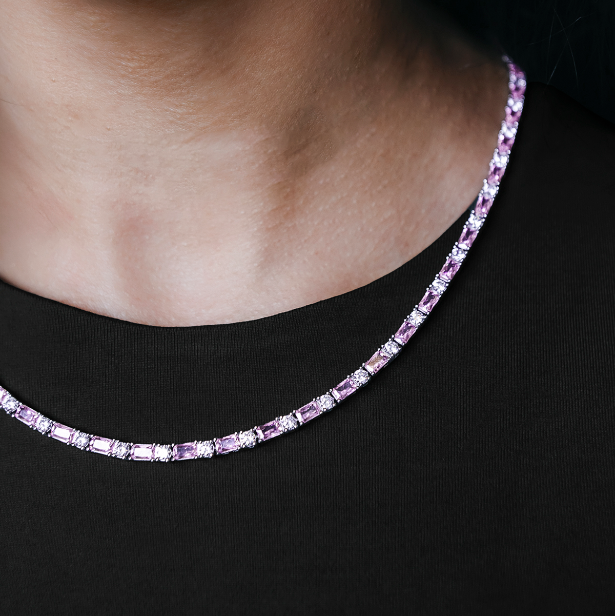 Pink Diamond Baguette Tennis Necklace