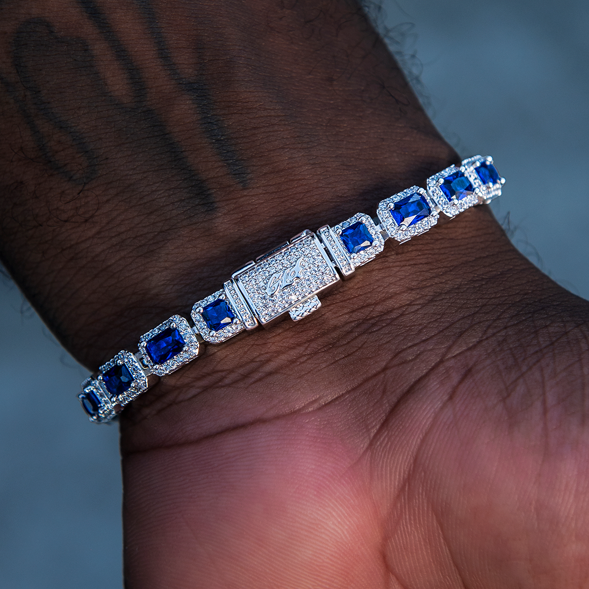 Sapphire Cushion Cut Tennis Bracelet in White Gold