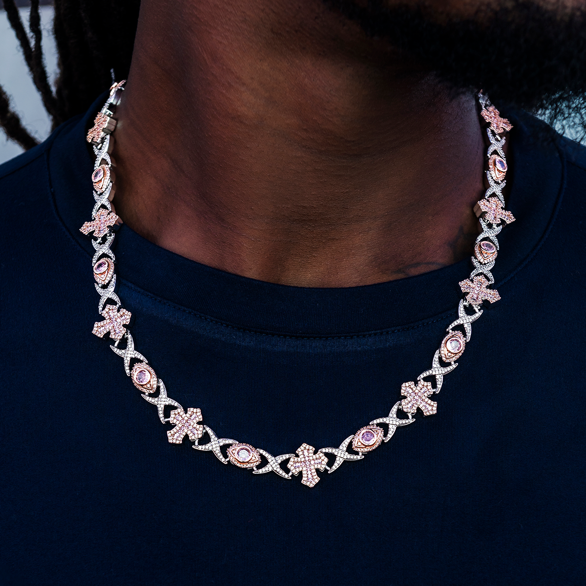 Baguette Cross Evil Eye Chain in Rose Gold