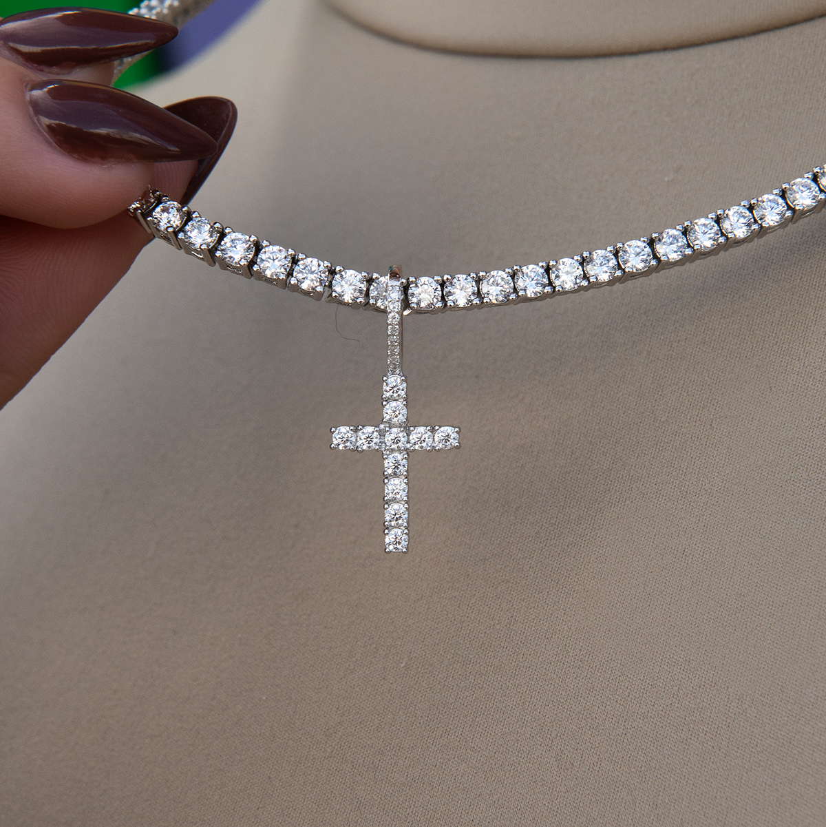 Moissanite Diamond Cross Micro Pendant in White Gold Vermeil