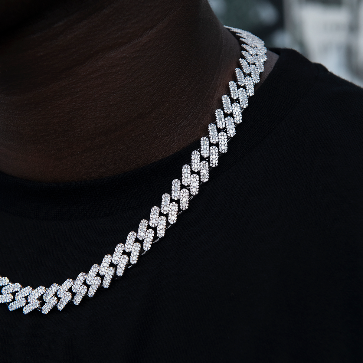 Diamond Baguette Cuban Chain in White Gold- 12mm