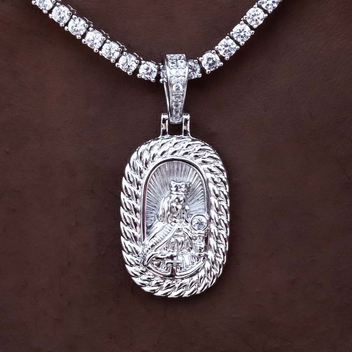 Icon Crowned Mary Pendant in White Gold