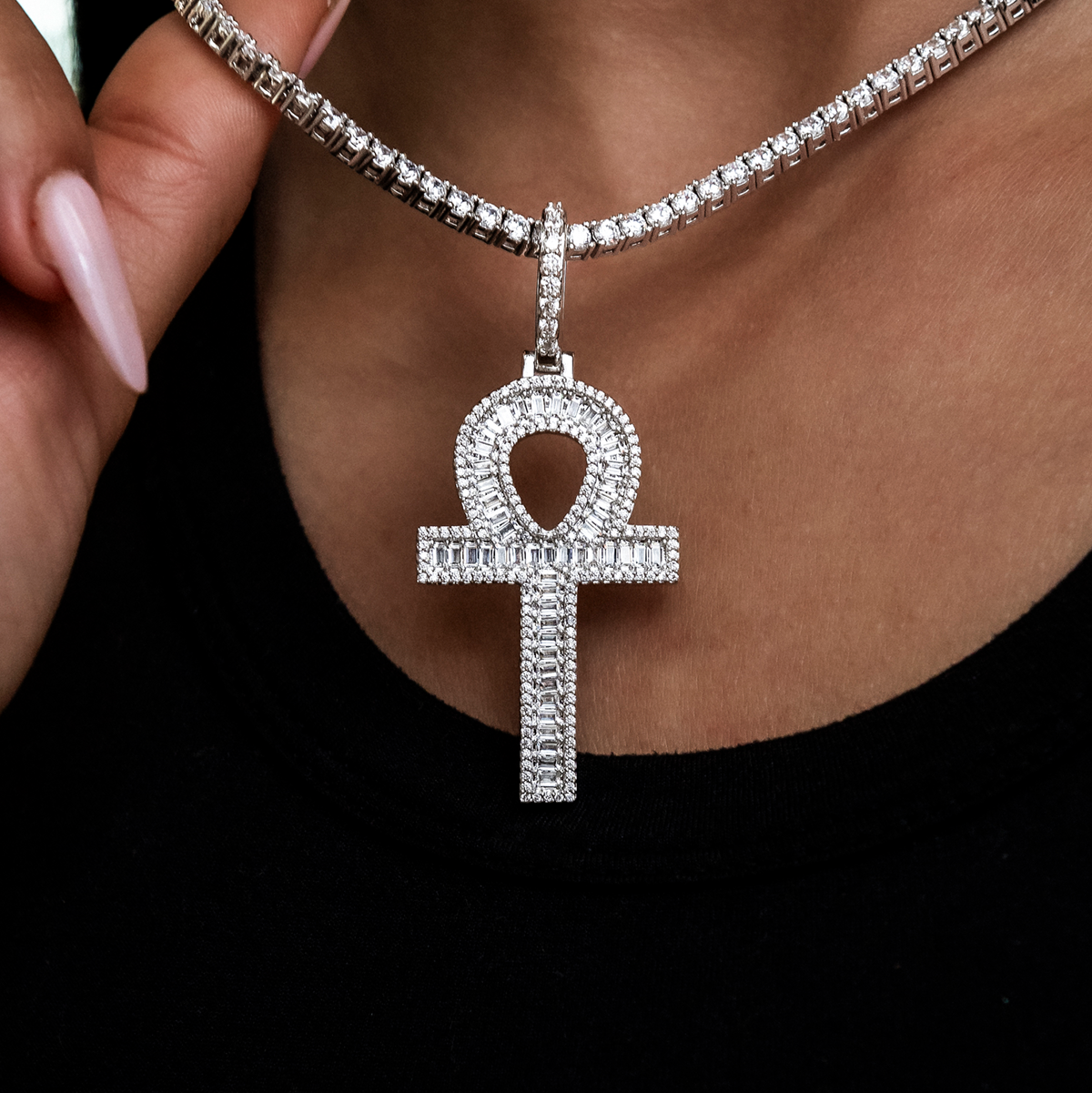 Diamond Baguette Ankh Cross Pendant in White Gold