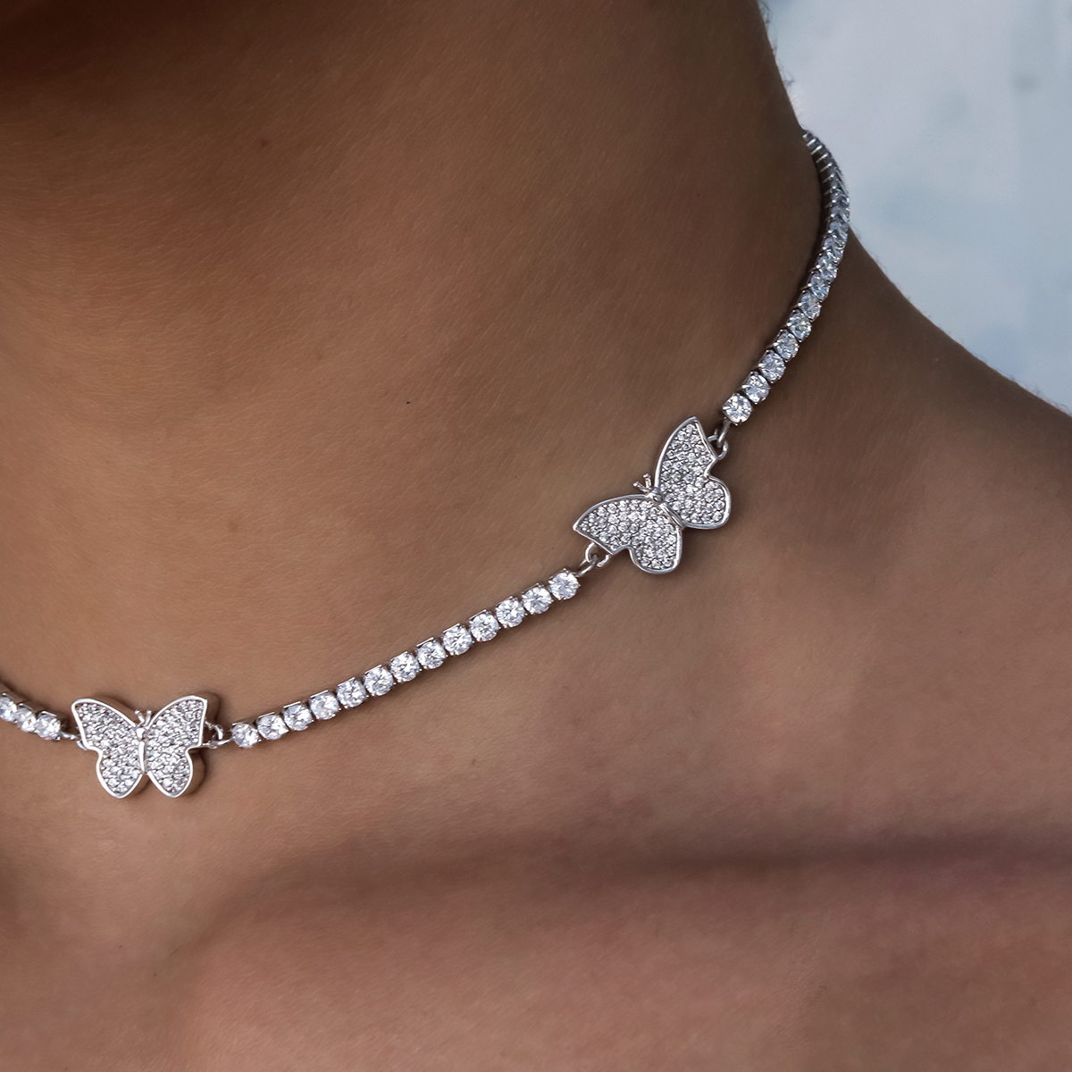 Micro Tennis Butterfly Necklace in White Gold