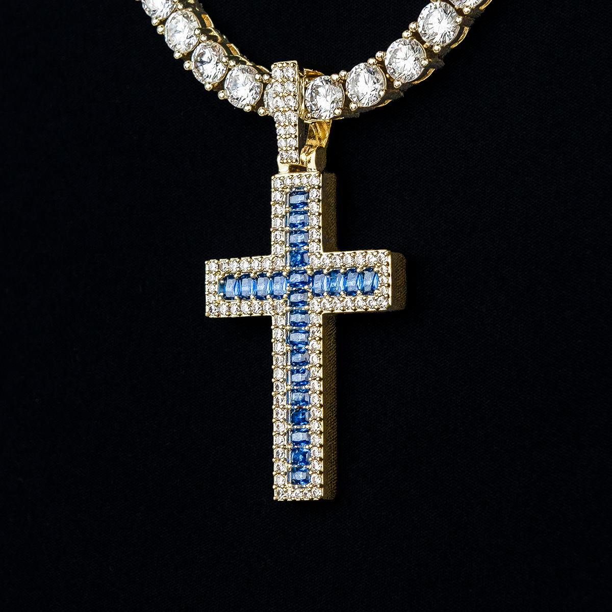 Blue Baguette Cross Pendant