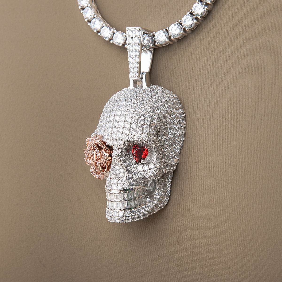 Large Iced Rose Skull Pendant