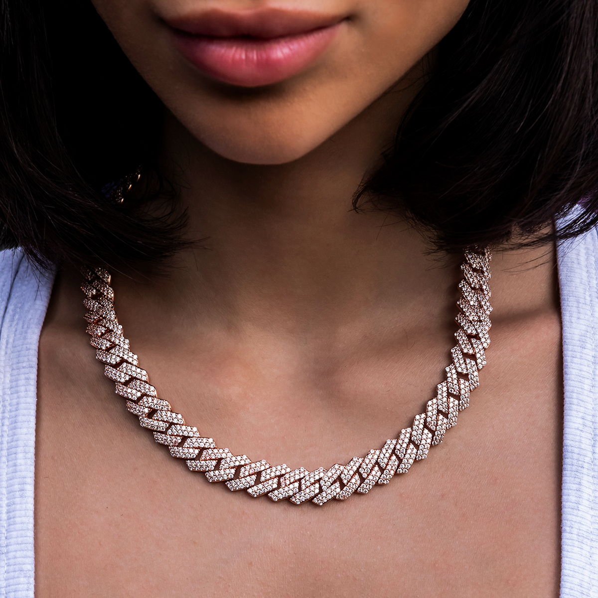 Diamond Prong Link Necklace in Rose Gold- 12mm