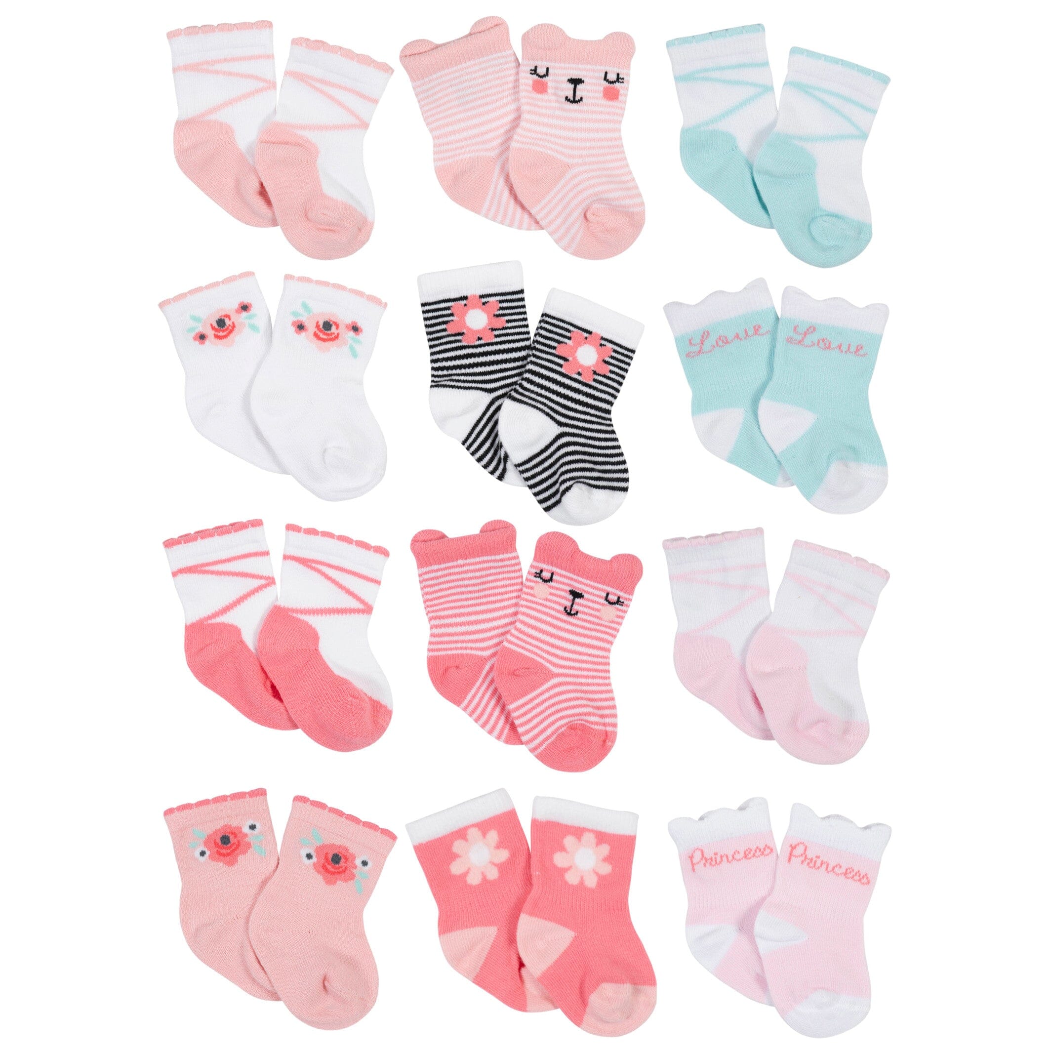 12-Pack Baby Girls Love, Floral, & Fairy Tale Wiggle-Proof Socks