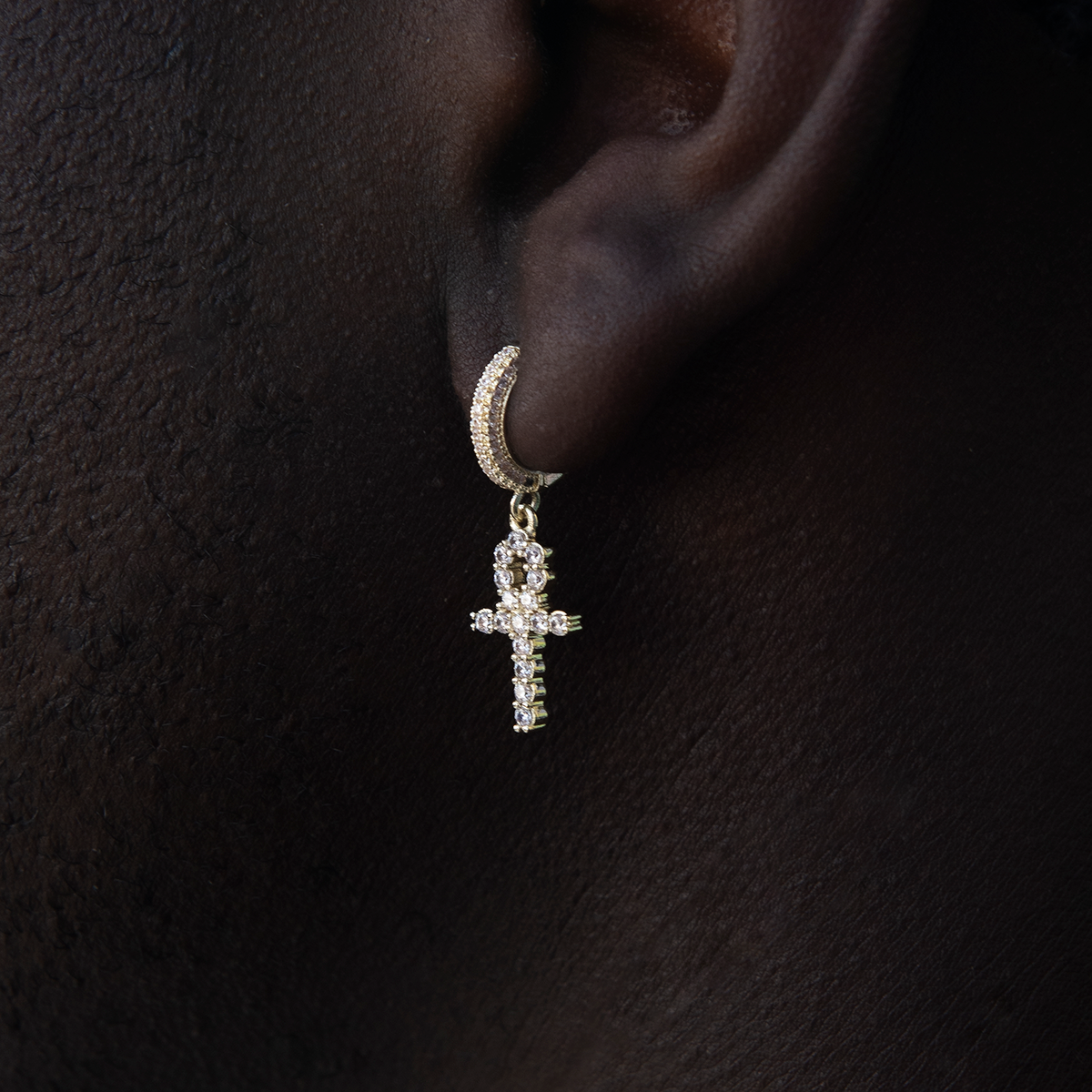 Iced Ankh Cross Huggie Hoop Earrings