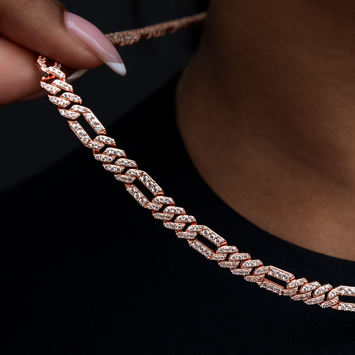 Diamond Figaro Necklace in Rose Gold- 6mm