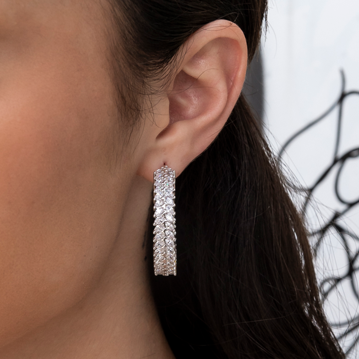 Diamond Herringbone Hoop Earrings in White Gold