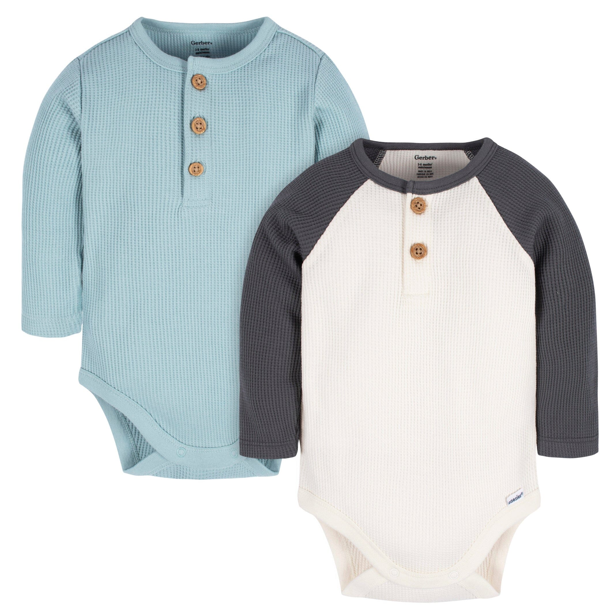 2-Pack Baby Boys Blue & Ivory Long Sleeve Henley Onesies Bodysuits