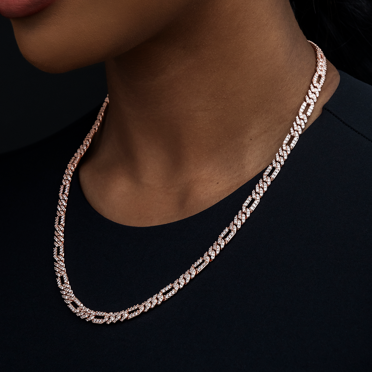 Diamond Figaro Necklace in Rose Gold- 6mm