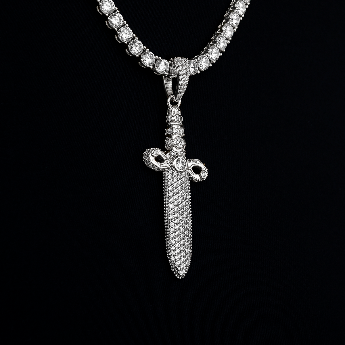 Large Iced Knife Pendant in White Gold