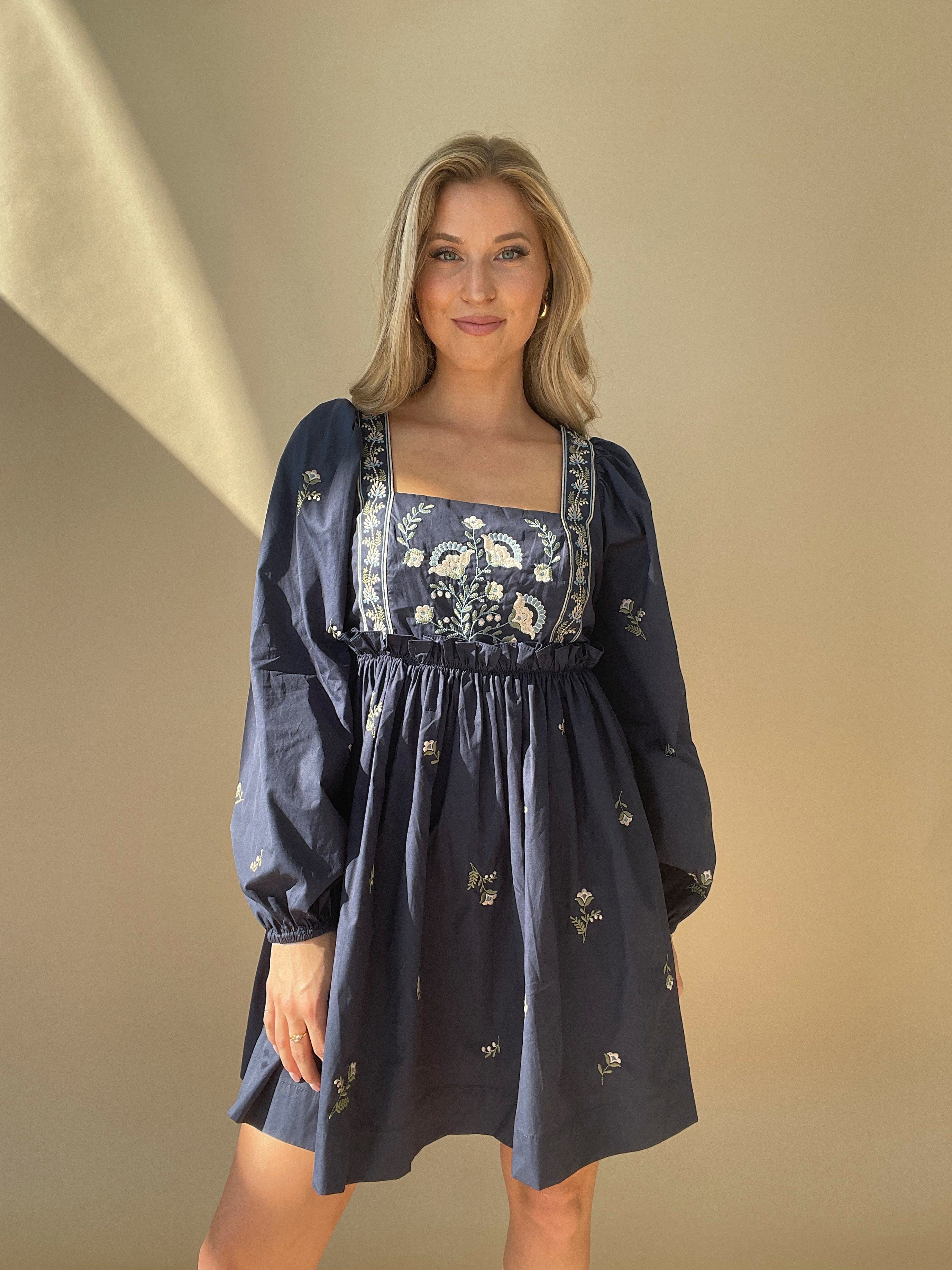 Navy Floral Embroidered Dress