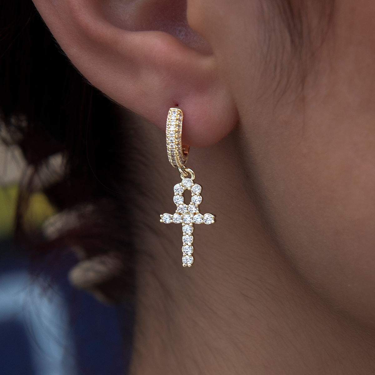 Iced Ankh Cross Huggie Hoop Earrings