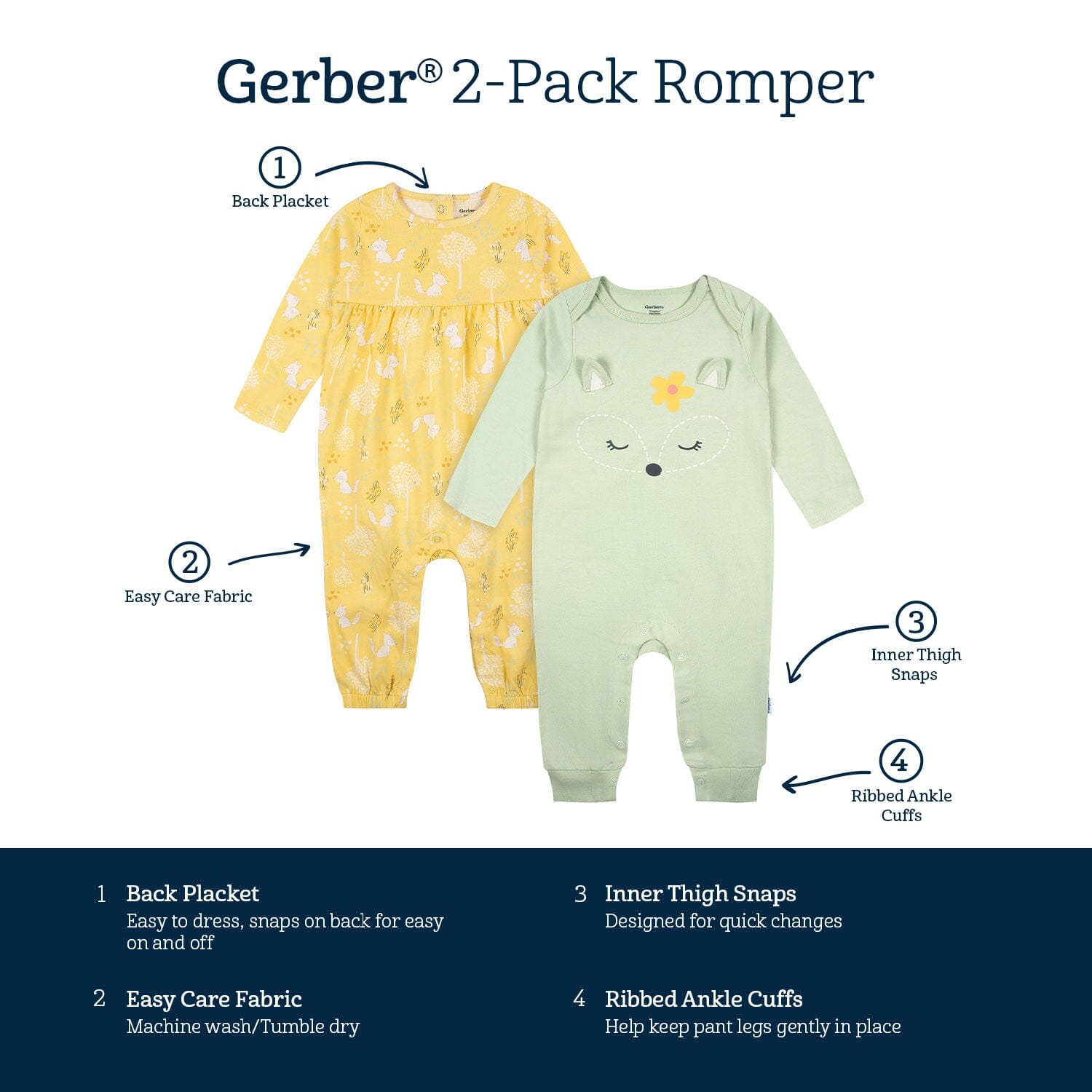 2-Pack Baby Girls Green Fox Rompers