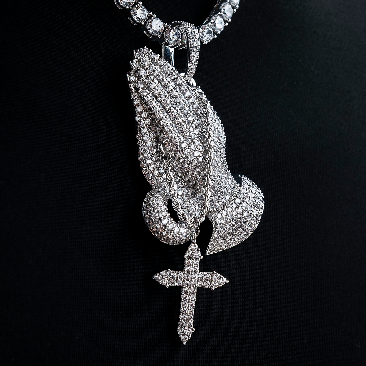 Large Iced Praying Hands Pendant in White Gold