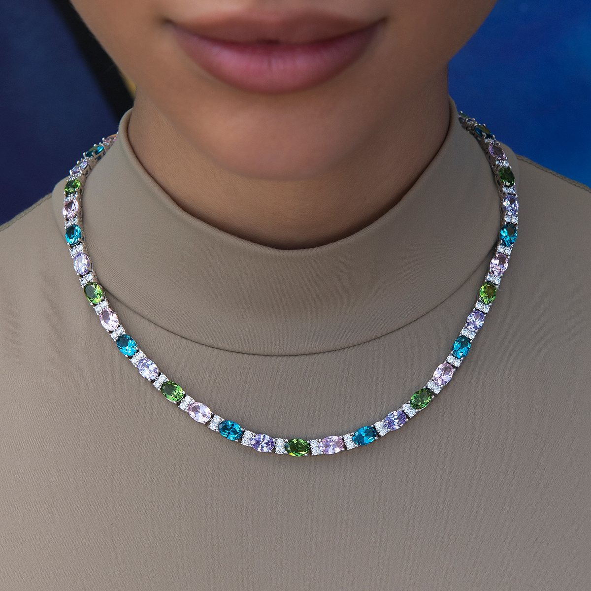 Multicolor Mixed Oval Cut Tennis Royal Stones Necklace- 5mm